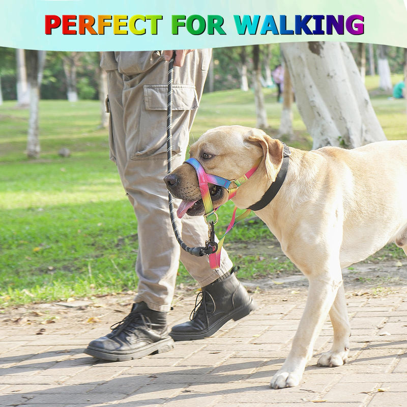 Rainbow Dog Head Collar Stops Medium Large Dogs Pulling on Leash for Walking (Rainbow, L) Rainbow