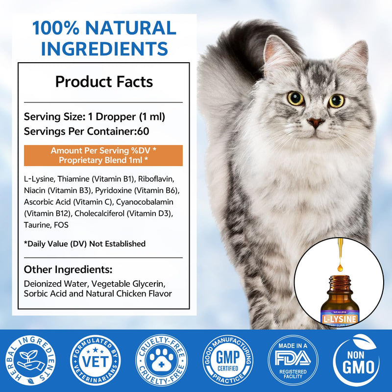 WEALLIN L-lysine Supplement for Cats, Immune Support for Cats, Support for Feline Respiratory, Sneezing, Runny Nose, Eye Function, Helps Strengthen Natural Defenses, Chicken Flavor (1PC) 1PC
