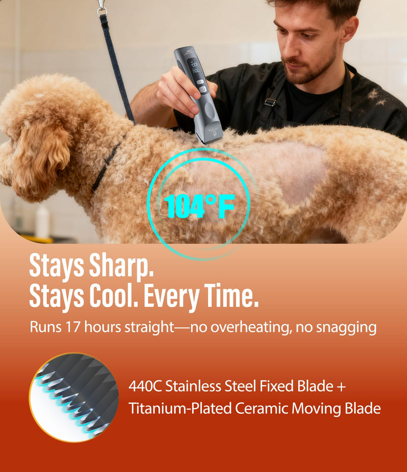 Professional Dog Grooming Clippers with 17H Runtime & Replaceable 440C Blade, 5-Speed Low Noise Electric Dog Shaver for Thick, Matted, Curly Hair, Cordless Clipper for Groomer & Home Use, Orange Clipper+10FC Blade - PawsPlanet Australia
