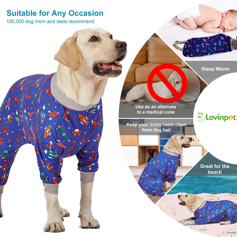 LovinPet Large Dog Pajamas, Navy Rocket and Spaceship Print, Lightweight Stretchy Knit Big Dog Pullover Shirt, Stop Shedding for Dogs, Onesies for Dogs, Pet PJ's Jumpsuit, PJ's for Pitbulls, 2XL XX-Large Grey Blue - PawsPlanet Australia