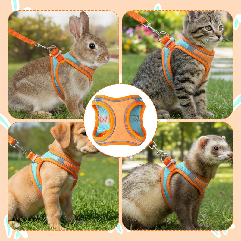 Bunny Harness and Leash Set, Adjustable Double Buckles Breathable Mesh Rabbit Vest with Reflective Strips, Escape Proof Small Pet Walking Training Gear for Rabbits, Kittens, Ferrets, Guinea Pigs (S) - PawsPlanet Australia