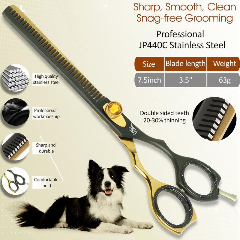 Dog Grooming Scissors – 7.5” Thinning Shears with 34 Teeth, Chunkers for Dogs & Cats, Precision Cut with 440C Stainless Steel, Designed for Groomers and Pet Owners Golden/Black Thinning Scissors - PawsPlanet Australia