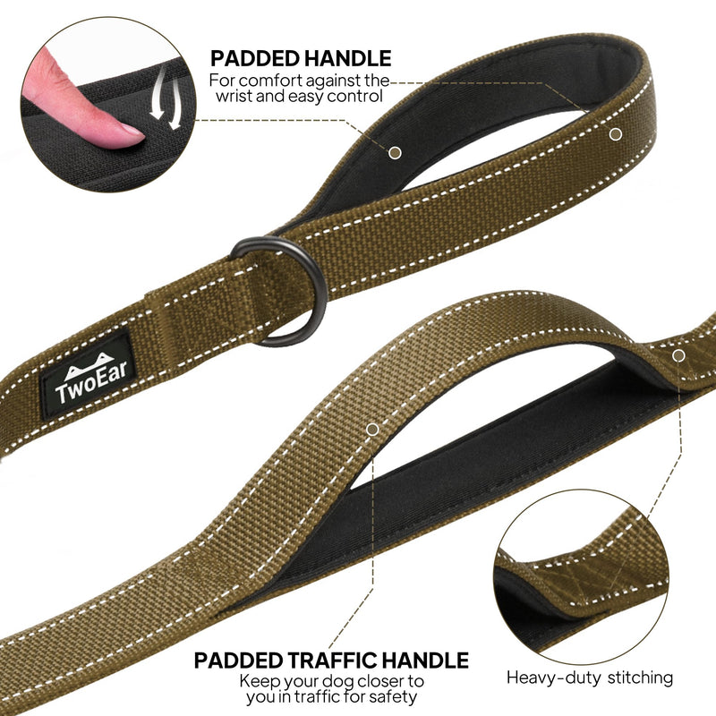 TwoEar 6FT 1IN Strong Brown Dog Leash with 2 Padded Handles, Traffic Handle Extra Control, Comfortable Soft Dual Handle, Auto Lock Hook, Reflective Walking Lead for Small Medium and Large Dogs 1 in x 6 ft - PawsPlanet Australia