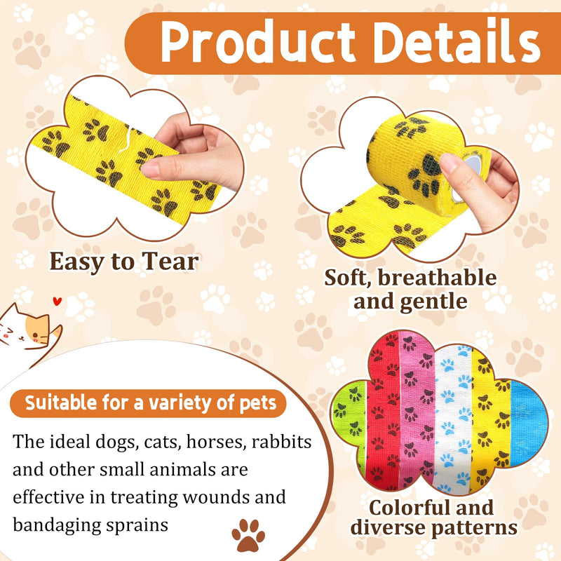 6 Pack 2 Inch x 5 Yards Paw Print Pet Vet Wrap for Dogs, Cats, Horses, Colorful Non-Woven Self-Adhesive Cohesive Bandage Rolls Set for Wound Care, Ankle Sprains, Swelling, and First Aid Protection - PawsPlanet Australia