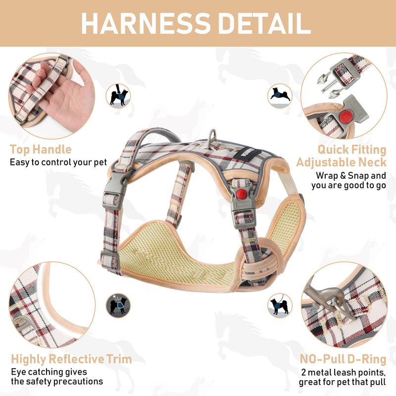 GAMUDA Dog Harness Collar and Leash Set, Dog Harness, No Chock No Pull Adjustable Vest Harnesses Plaid Reflective for Medium Dog, Cat, Small Horse, Small Bull and Pig (Beige, S) Beige