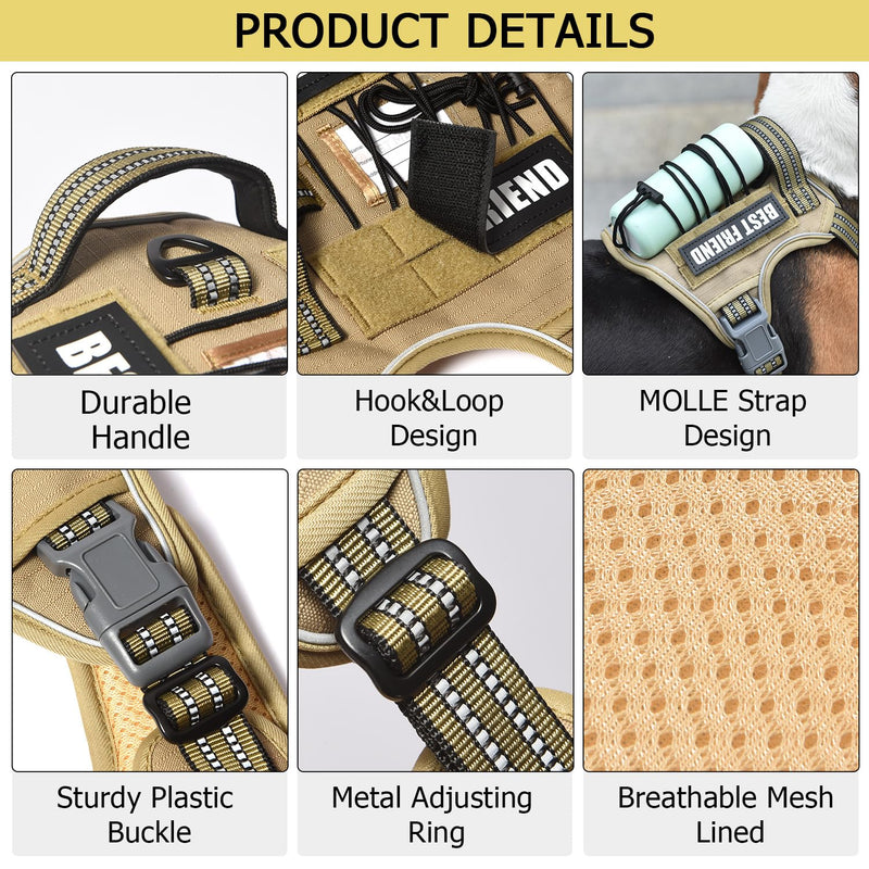 PET MARVEL Heavy Duty Dog Harness with Handle, No Pull Adjustable Outdoor Vest with Metal Buckles, MOLLE Panel & Reflective Strips for Medium Large Dogs XL(Neck:20-31",Chest:26-42") Brown - PawsPlanet Australia