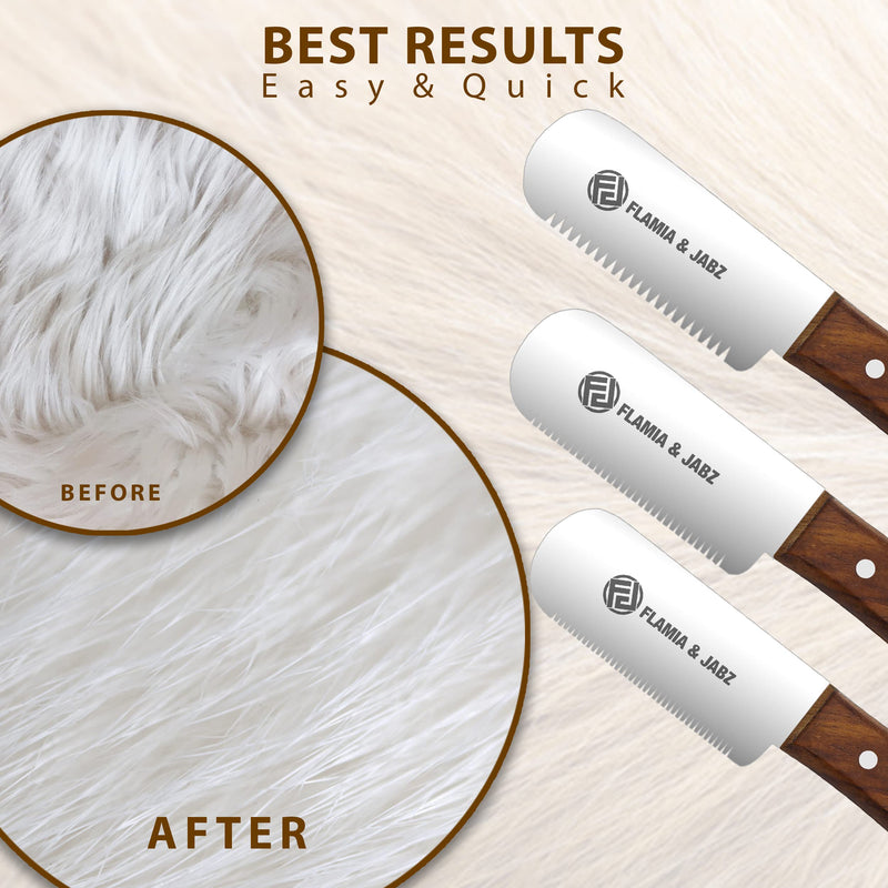 FLAMIA & JABZ Professional Dog Grooming Hand Stripping Knife, Stripper Trimmer Tool, Red Meranti Wooded Handle Non Slip Grip with Tripping Stainless Steel Blade (3 Piece Pack, Right Handed) 3 Piece Pack