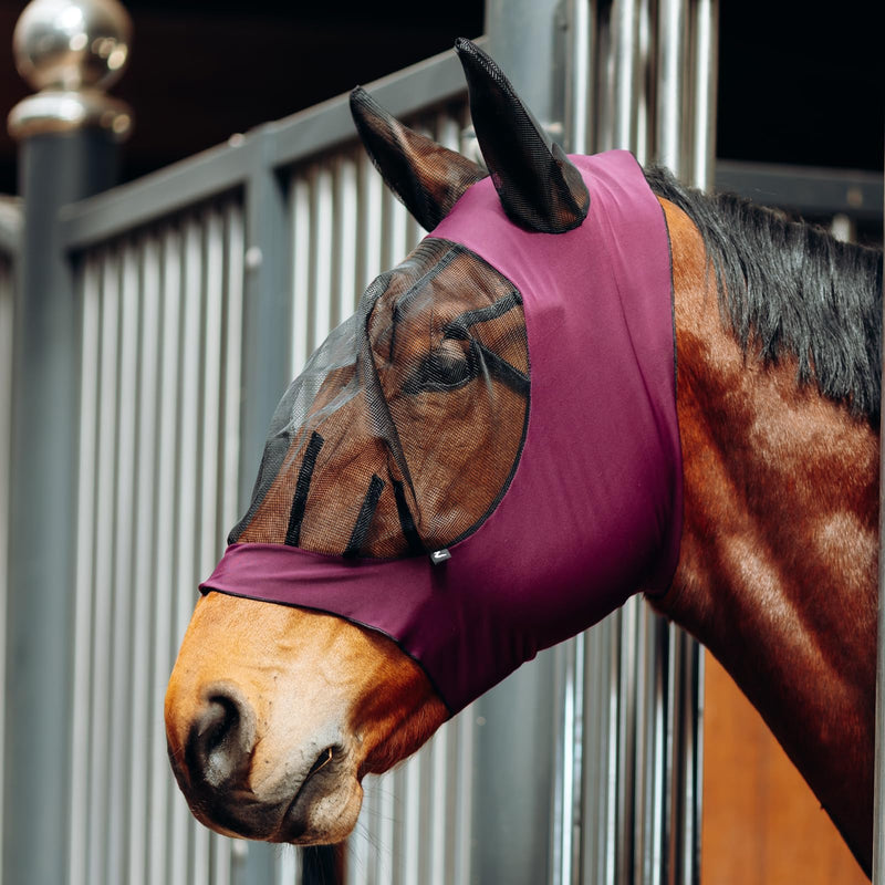 Horze Soft Stretch Breathable Lycra Mesh Insect Fly Mask with Ear Protection - Dark Red - Horse