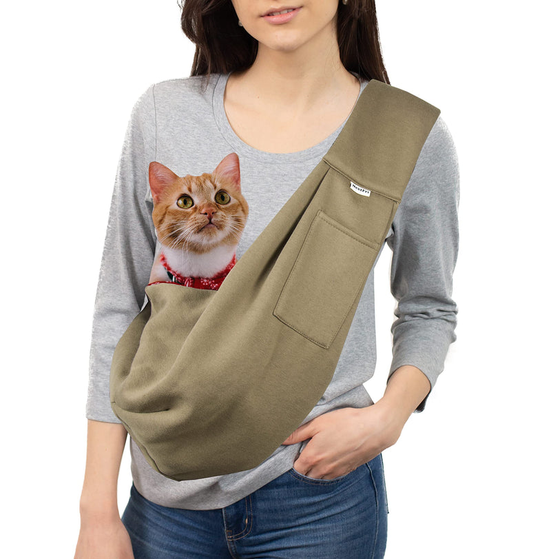 Pet Sling Carrier Adjustable Shoulder Strap Puppy Tote Hands Free Reversible Pet Backpack for Outdoor Travel Classci Khaki Cotton-Khaki - PawsPlanet Australia