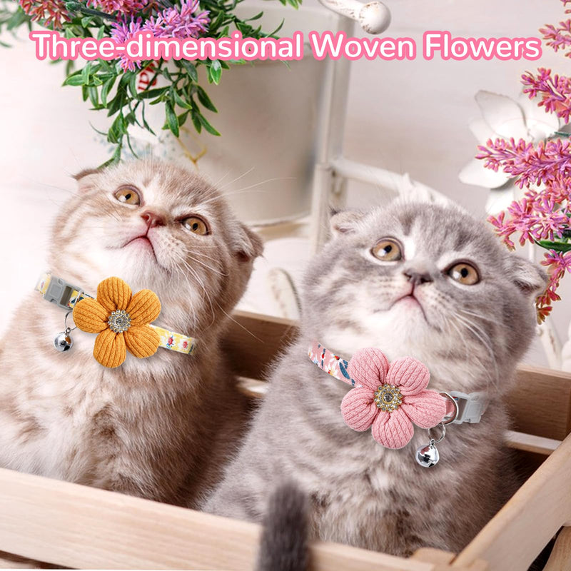 2pcs Kitten Collars with Bells, Adjustable Cute Collars for Girl Dogs, Breakaway Cat Collar Girl with Knitted Flowers & Safety Buckle for Cats and Puppy Dog (Pink, Yellow) - PawsPlanet Australia