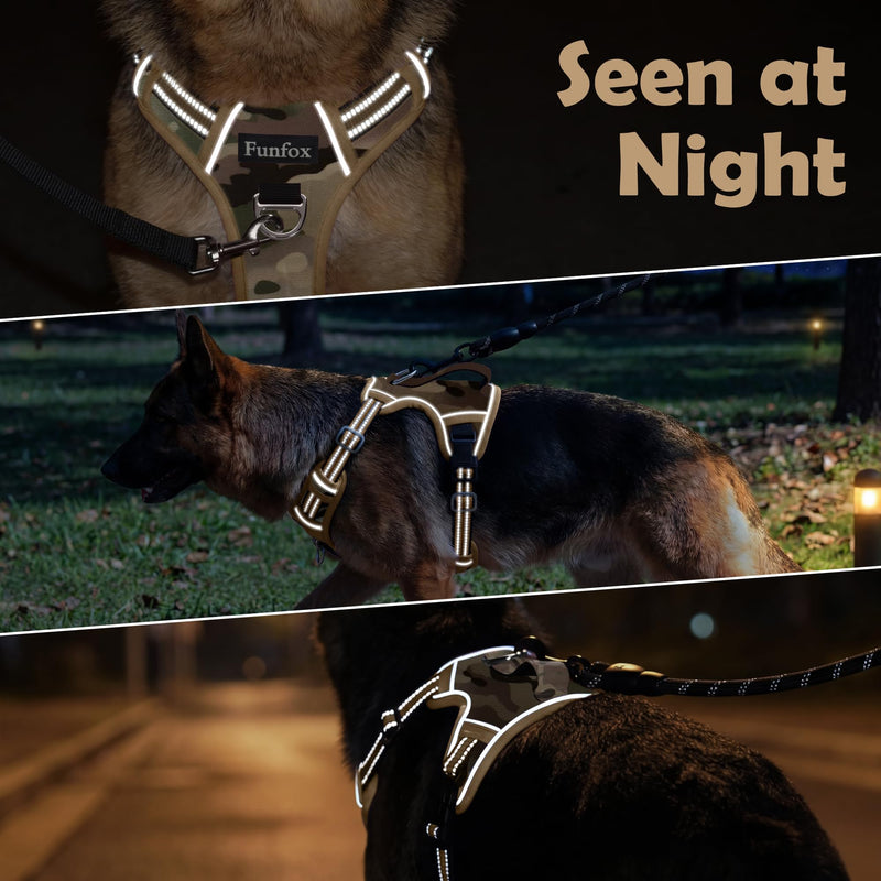 Funfox Dog Harness No Pull, Adjustable Pet Vest Harness, Super Soft Material with Vertical Handle Easy Control, Reflective Night Walking, 2 Leash Clips for Medium Sized Dogs, Camo Brown, M - PawsPlanet Australia