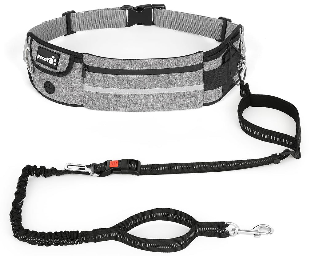 Pecute Hands Free Dog Leash with Pouch, Waist Belt Fanny Pack with Soft Padds, Dual Padded Handles and Durable Bungee for Walking, Hiking, Jogging Biking, and Running (Up to 220lbs) Grey 2.0