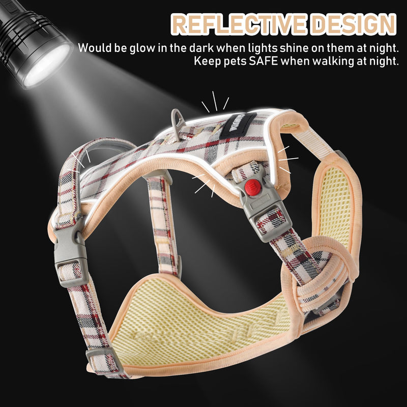 GAMUDA Dog Harness Collar and Leash Set, Dog Harness, No Chock No Pull Adjustable Vest Harnesses Plaid Reflective for Medium Dog, Cat, Small Horse, Small Bull and Pig (Beige, S) Beige