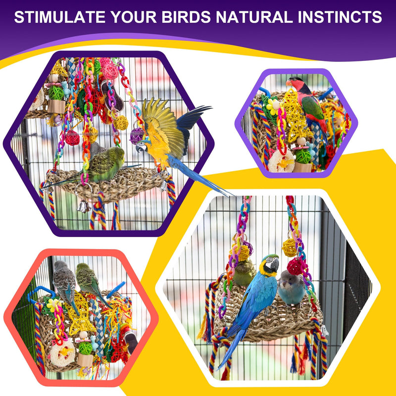 Bird Parakeet Foraging Toys 2PCS - Parrot Cage Accessories Stuff, Natural Woven Climbing Perch Nest, Chewing Toys for Budgerigars, Conure, Cockatiel, Finch, Lovebirds, and Medium, Small Birds