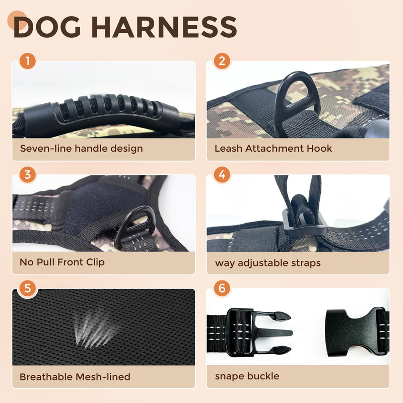Multicam Tactical Dog Harness No-Pull Adjustable Canine Harness for Large Breeds, Reflective K9 Vest with Water Bottle Bag and Pocket; Ideal Training, Walks, Hikes Gear-(L Size) Camouflage chest harness - PawsPlanet Australia