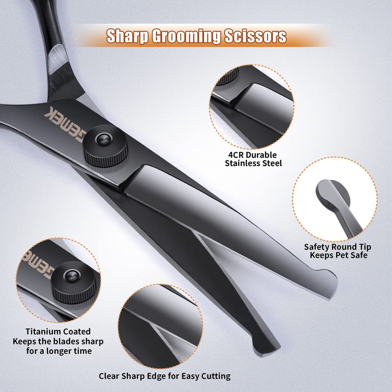Dog Grooming Scissors Kit with Safety Round Tips, GEMEK Professional 6 in 1 for Dogs, Heavy Duty Titanium Coated Pet Scissor Cats and Other Animals (Black) (GD0051) Black 6 in 1 - PawsPlanet Australia