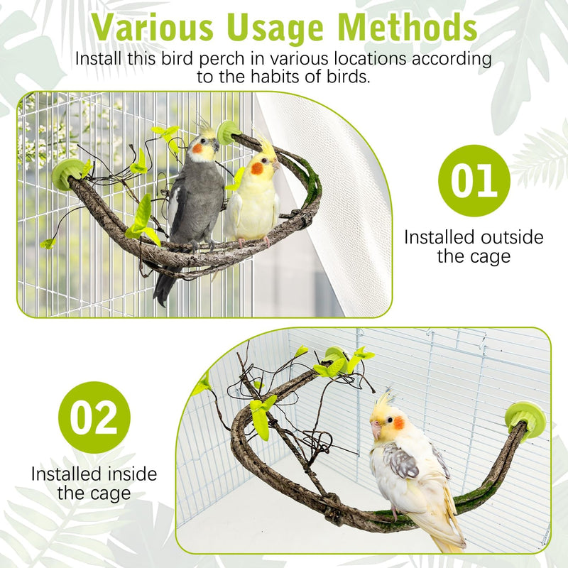 PINVNBY 2 PCS Bendable Bird Perches Simulation Branch Parrot Perch Stand with Green Leaf Hanging Paw Grinding Fork Cage Accessories for Parakeet Budgie Finch Cockatiel Conure (Large) Style 1 Large