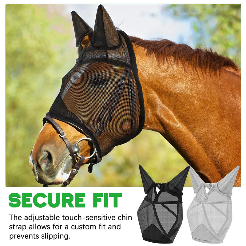 2 Pcs Horse Fly Mask with Ears Adjustable UV Protection Horse Fly Mask Accessories Large Eye Space with Ears for Horses Summer, Black and Gray(L) L