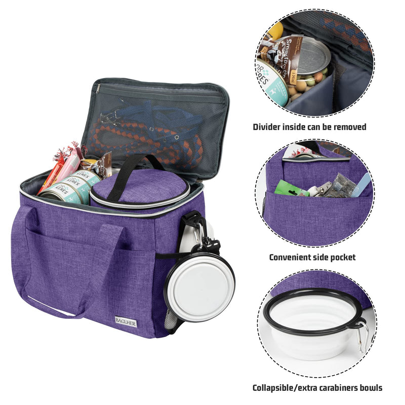 BAGLHER Dog Travel Bag Backpack Pet Supplies Backpack 5-Piece Set with Shoulder Strap 2 Lined Pet Food Containers 4 Foldable Feeding Bowls Essential Kit for Pet Travel Purple Medium - PawsPlanet Australia