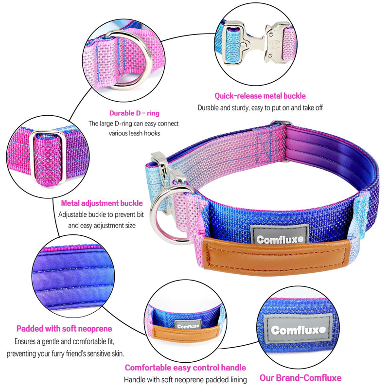 Tactical Dog Collar, Wide Thick Reflective Tactical Military Dog Collar with Handle for Large Dogs, Soft Padded Heavy Duty Dog Collar with Quick Release Metal Buckle (Purple, L) Purple Neck Girth: 16”-26”