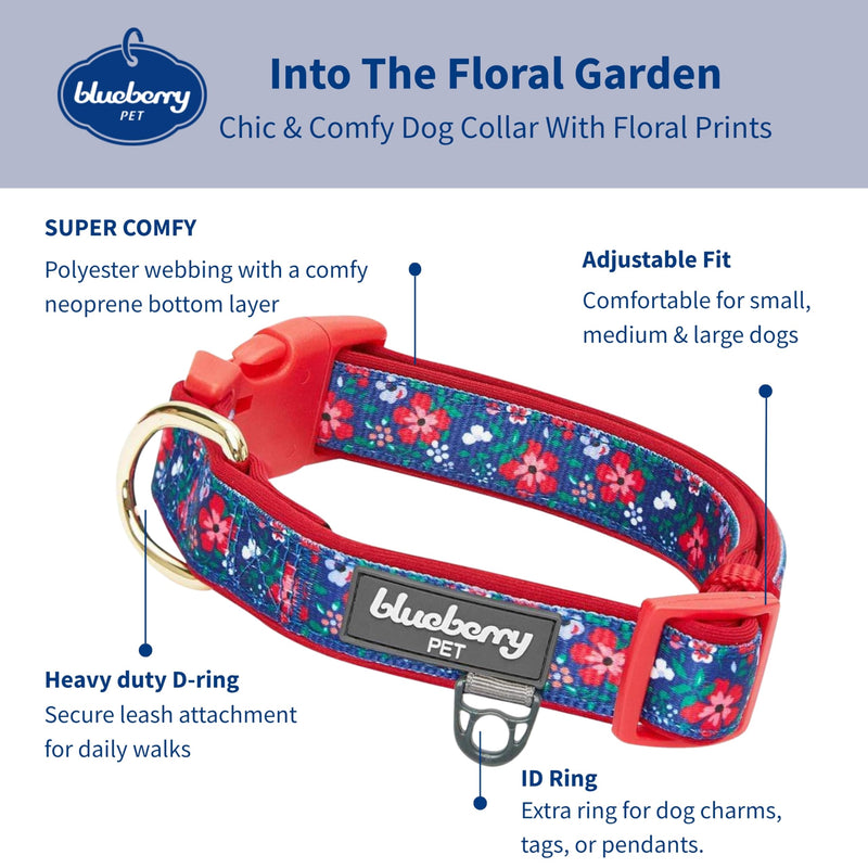 Blueberry Pet Soft & Comfy Pretty Posies Spring Garden Navy Padded Adjustable Dog Collar, Small, Neck 12"-16" - PawsPlanet Australia