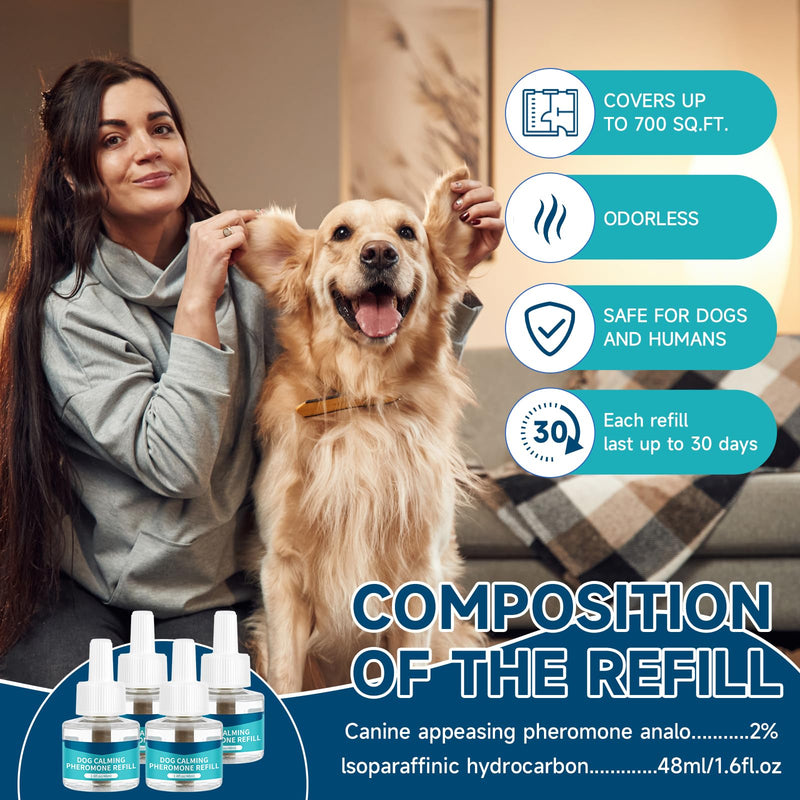 Dog Calming Diffuser Refills 4-pack, Dog Calming Pheromones Diffuser for Dog Pheromones Calming Refill, 120-Day Anxiety Relief Stress Appeasing Pheromone Diffuser Calm Dog, Fits All Common Diffuser 1.6 Fl Oz (Pack of 4)