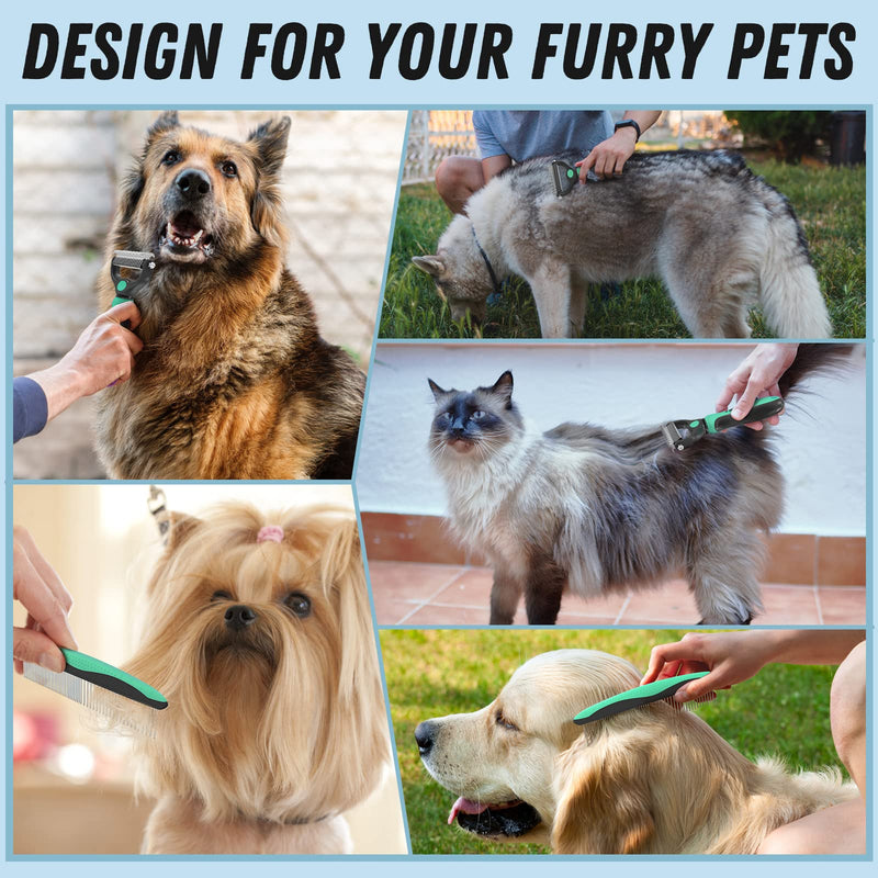 Pet Grooming Brush and Metal Comb Combo, Cat Brush Dog Brush for Shedding, Undercoat Rake for Dogs Grooming, Dematting Deshedding Brush Dogs Shedding Tool for Long matted Haired Pets, Green - PawsPlanet Australia
