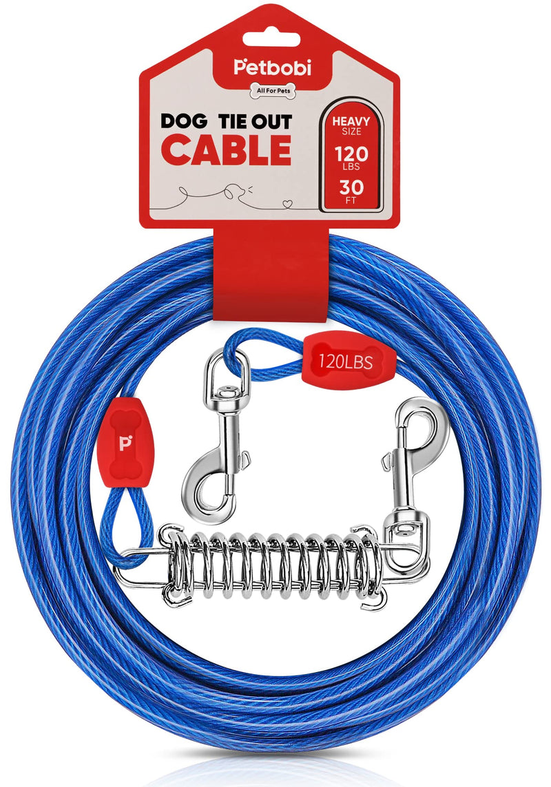 Petbobi Dog Tie-Out Cable 30ft - Outdoor Leash 4mm Dog Cable with Shock Absorbing Spring, 360° Swivel Clips, Allow Your Dog Roam Free, Ideal for Small Medium Large Dogs Up to 120lbs, Blue 30ft/120lbs