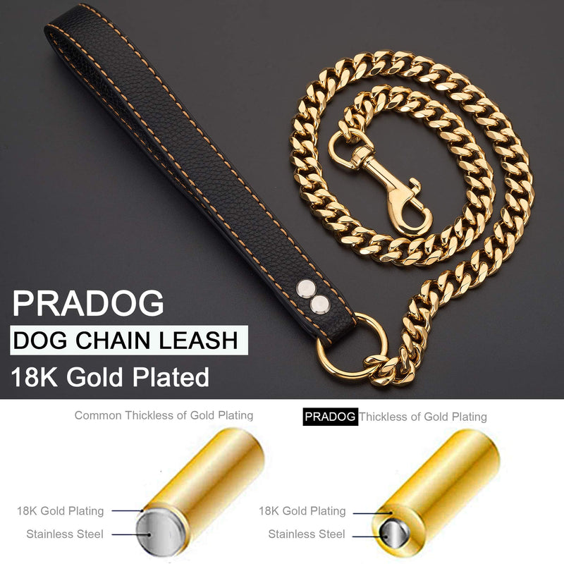 PRADOG Chain Dog Leash Metal Chew Proof 15MM Heavy Duty Pet Leash Chain with Leather Padded Handle for Large Medium Small Dogs(Totally Length of 3ft) Gold 3.0 FT ( For Larger Dog) - PawsPlanet Australia