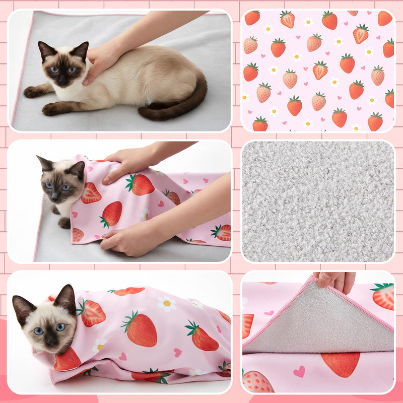 Chunful Cat Muzzle for Grooming, Cat Helmet and Wrap for Cutting Nails, M Size Adjustable Mask, 27.6" Anti-Escape Calming Swaddle Cloth, Bathing Shaving Anti-Scratch Pet Tools(Strawberry) Strawberry