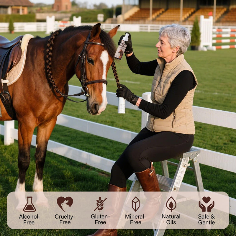 Equine Essential Oil Spray – Olive & Jojoba Blend for Silky Mane & Tail | Smooths, Detangles & Adds Natural Shine | for Horses & Dogs, 3.38 oz Fruity Melon Scent