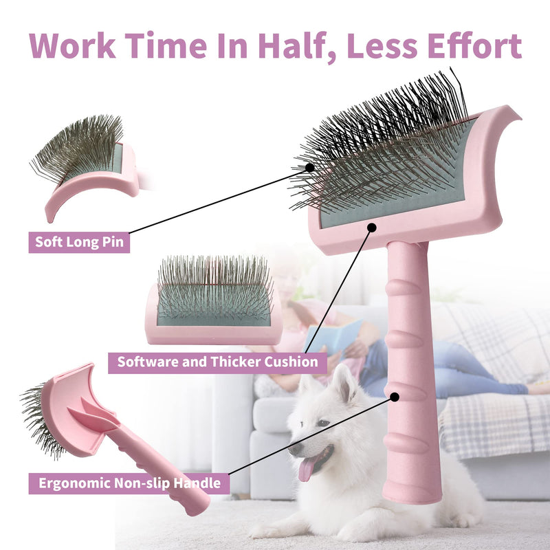 Firm Pet Grooming Kit: 25mm Extra Long Pin Brush for Goldendoodles, Wire Deshedding Brush, Removes Loose Hair & Undercoat (Pink) pink-comb2