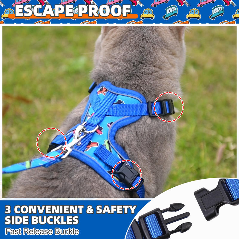 KOOLTAIL Cat Harness and Leash Set, Escape Proof for Safe Walking & Travel, Reflective Comfortable Easy Control Adjustable Kitten Harness for Boys&Girls Small Medium Large Cats Car S Cartoon Car Pattern - PawsPlanet Australia