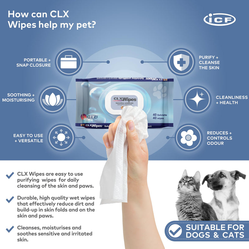 ICF | CLX Cat & Dog Wipes | Antibacterial & Antifungal Cleansing Wipes for Paws, Skin Folds & Ears | Supports Healthy Skin & Odor Control | 40 Count - PawsPlanet Australia