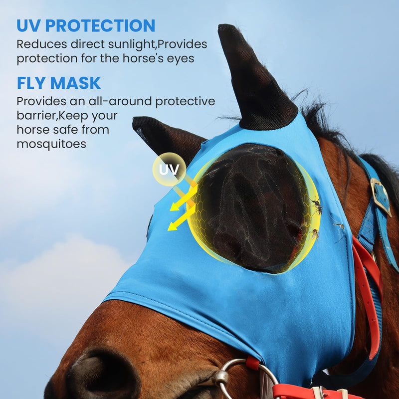 Fly Masks for Horses with Ears UV Protection, Elasticity Horse Fly Mask with Big Mesh Eye Covers - Breathable Comfort Fit Riding & Competition Blue Large Sky Blue