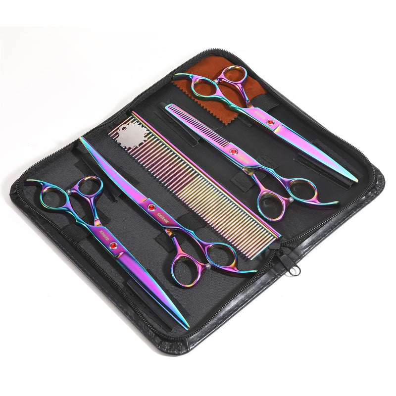7.0in Titanium Professional Pet Grooming Scissors Set, GEMEK 6 in 1 Straight & Thinning & Upwards Curved & Downwards Curved Scissors & Comb for Dogs, Cats (Rainbow) Rainbow 6 in 1 7inch - PawsPlanet Australia
