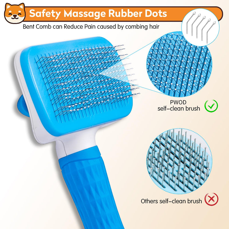 Dog & Cat Brush, Self Cleaning Slicker Brush for Pets, Upgraded Dog Brush for Shedding Massaging and Grooming, Removes Loose Undercoat & Portable Comb for Long Short Haired Dogs(Blue) Blue