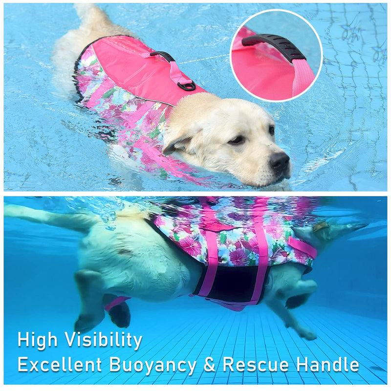 Dog Life Jacket Vest Swimming Adjustable Puppy Life Vests, Ripstop Life Jackets for Small Medium and Large Dogs High Visibility Flotation with Rescue Handle for Water Swim Boating Hunting（XL X-Large Flower+Pink - PawsPlanet Australia