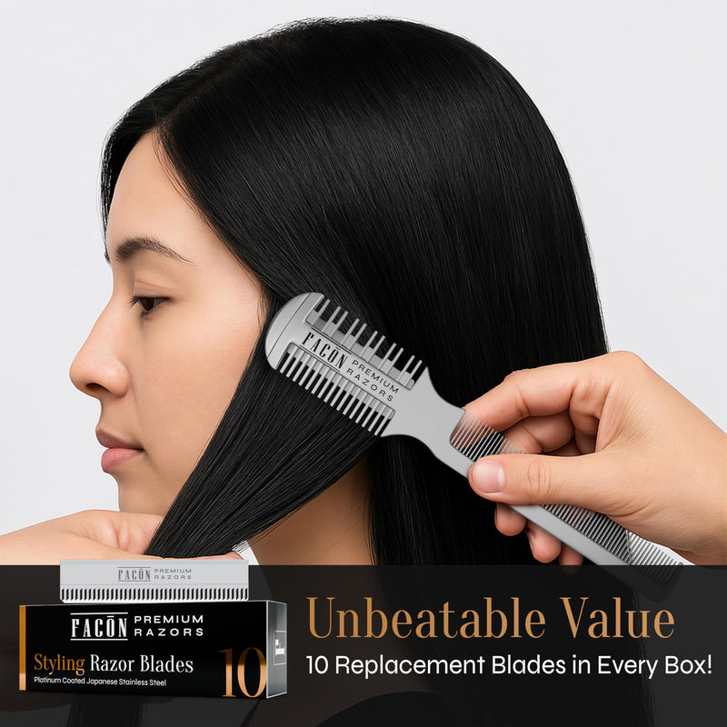 Facón Razor Comb for Hair Cutting - Professional Hair Cutting Comb Kit with 12 Replacement Blades, Double Edge Shaper for Salon & Home, Premium Styling Thinning Texturizing Split Ends Trimming Razor The Swift (Silver) - PawsPlanet Australia