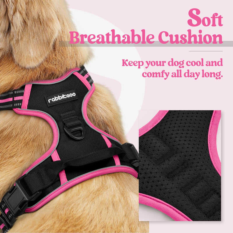 rabbitgoo Dog Harness No Pull with 2 Leash Clips, Adjustable Soft Padded, Reflective Oxford No Choke Pet Vest with Easy Control Handle for Large Dogs, Black & Hot Pink, M Medium - PawsPlanet Australia