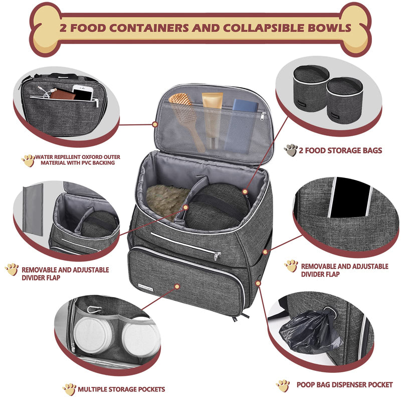 BAGLHER 丨Dog Travel Bag Backpack, Airline Approved Pet Supplies Backpack, Dog Travel Backpack with 2 Silicone Collapsible Bowls and 2 Food Baskets Grey - PawsPlanet Australia