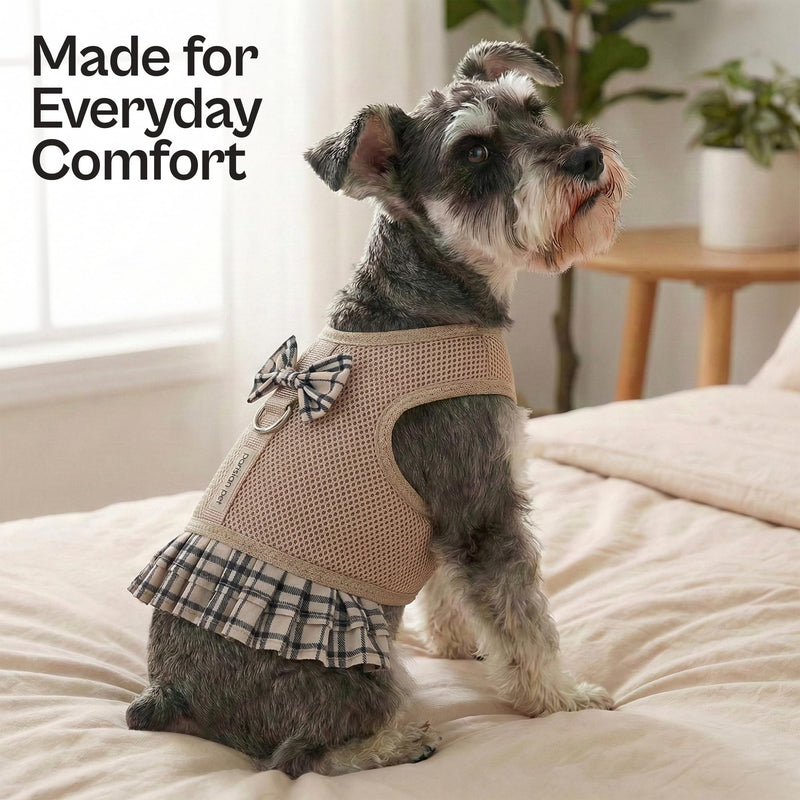 Parisian Pet Plaid Khaki Dog Harness Dress - Breathable No Pull Puppy Dress with Leash Ring - 100% Mesh Fabric Harnesses for Dogs - Soft Padded Step in Pet Vest - Dog Harness for Large Sized Dogs L Plaid/Khaki Dress - PawsPlanet Australia