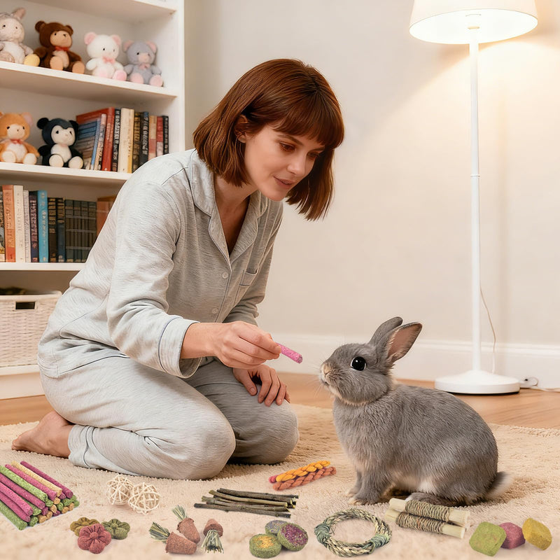 ERKOON Bunny Toys Boredom, 100 PCS Bunnies Timothy Hay Sticks Carrots Rose Grass Cake Dental Care, Molar, Chinchillas Toy Chew Toy, Guinea Pigs, Hamsters, Chinchilla, Rabbit Chew Toys for Teeth - PawsPlanet Australia
