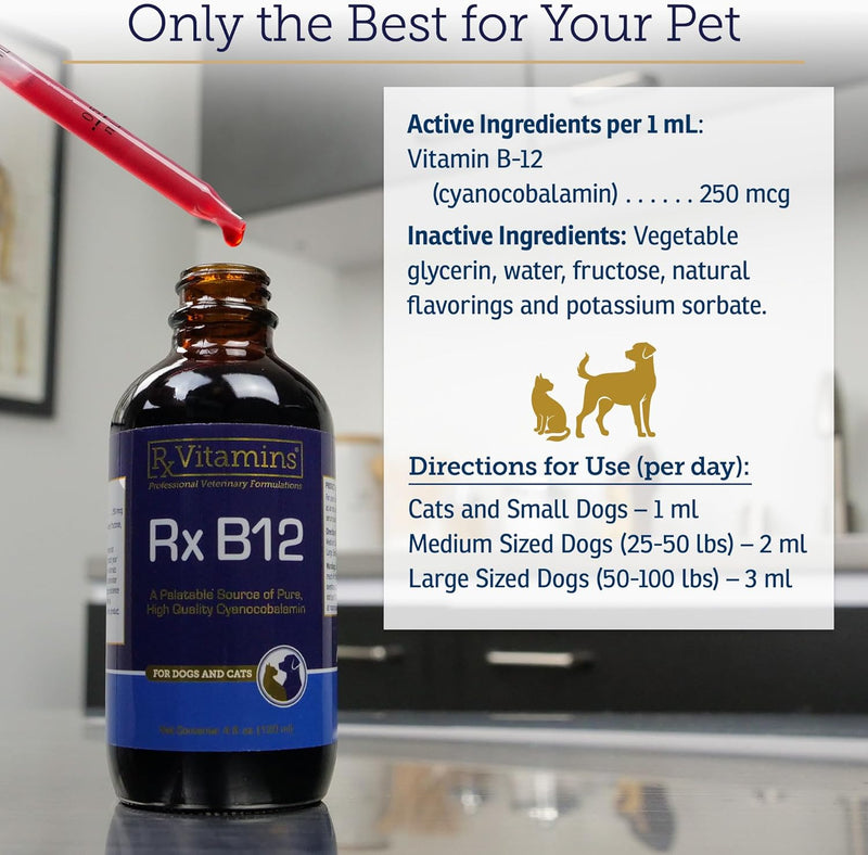 Liquid Vitamin B-12 Complex Drops for Dogs and Cats - Nutritionally Balanced Vet Formulated - Energy, Appetite, Mood - Recovery - Helps Cognition and Brain, Joints, Skin, Digestion