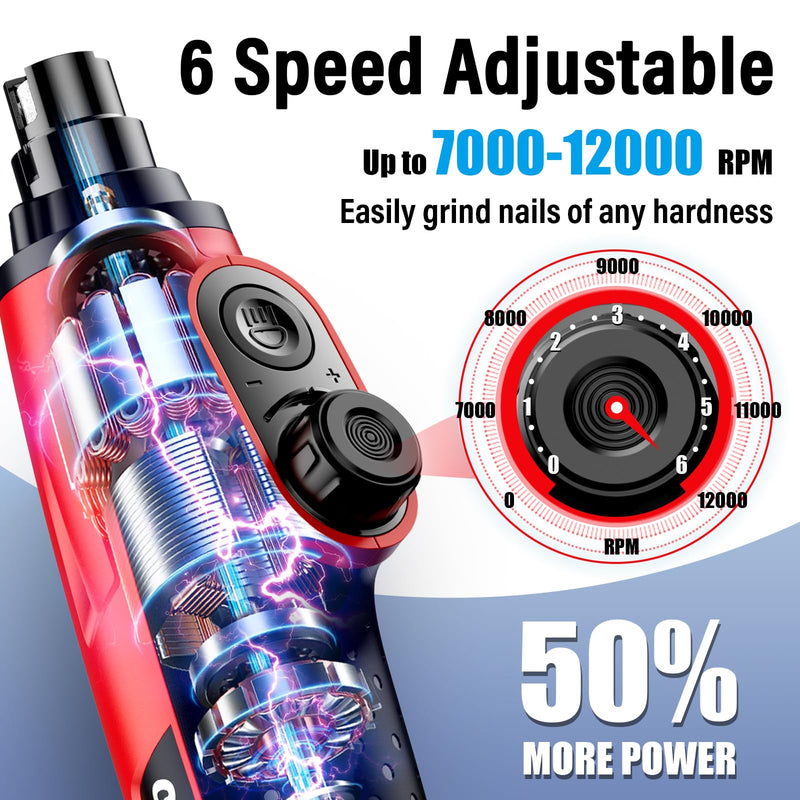 Casfuy Smart 6-Speed Dog Nail Grinder - 50% More Power Pet Nail Grinder with 2 LED Lights Quiet Rechargeable Electric Dog Nail Trimmers File Toenail Grinder for Large Medium Small Dogs & Cats (Red) Red - PawsPlanet Australia