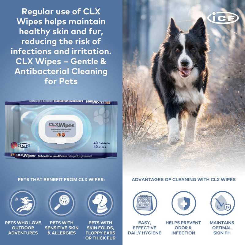 ICF | CLX Cat & Dog Wipes | Antibacterial & Antifungal Cleansing Wipes for Paws, Skin Folds & Ears | Supports Healthy Skin & Odor Control | 40 Count - PawsPlanet Australia