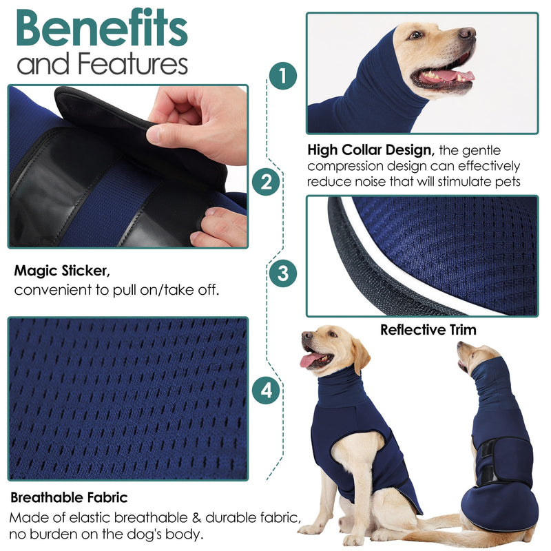 AOFITEE Dog Anxiety Calming Hoodie, Thunder Jacket for Dogs Anxiety, Breathable Calming Shirt Dog Anxiety Vest for Fireworks, Thunder, Separation, Dog Hoodies for Noise Block & Ear Protection Recovery Navy Blue Large