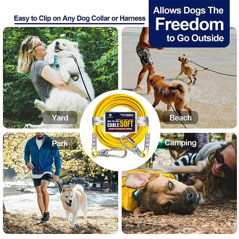 Tie Out Cable for Large Dogs, Dog Runner for Yard, Heavy Duty Swivel Hooks Lead Holds Break Strength of 1000lbs, Steel Wire Chain Dog Leash Cable for Yard (Yellow 50FT) F Yellow 50FT - PawsPlanet Australia