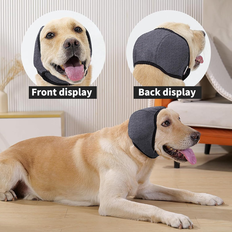 Dog Ear Muffs & No Shake Ear Wrap for Hematoma, Bathing, Drying, Swim& Noise Anxiety Relief- Elastic Waterproof Ear Protector with Calming Hoodie Design for Grooming/Head Ear Cover (Grey, S) Grey Small（Head Size 10"-15"）