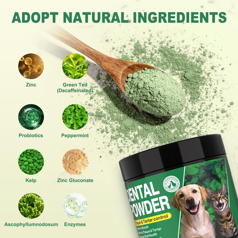 Dog Dental Powder for Teeth Cleaning - Fresh Mint Breath Freshener & Teeth Cleaner - Plaque & Tartar Remover Food Topper - No Brushing Oral Care Support for Bad Breath Control (150g)